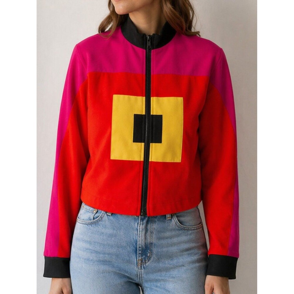 VTG Morgan Miller Colorblock 100% wool Zip Jacket Size 4 Red Pink Geometric